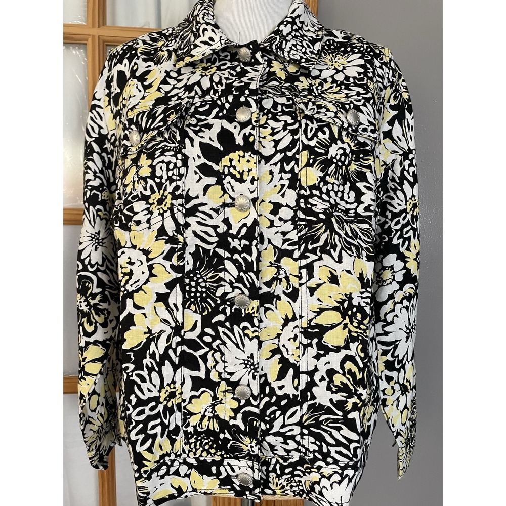 Lucy & Laurel 100% Linen Floral Jacket 1X Black Yellow Button Up Pockets Boho